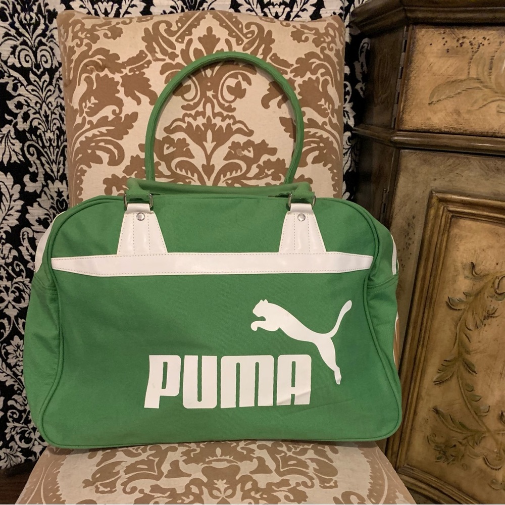 Vintage Green And White Puma Retro duffle Canvas bag